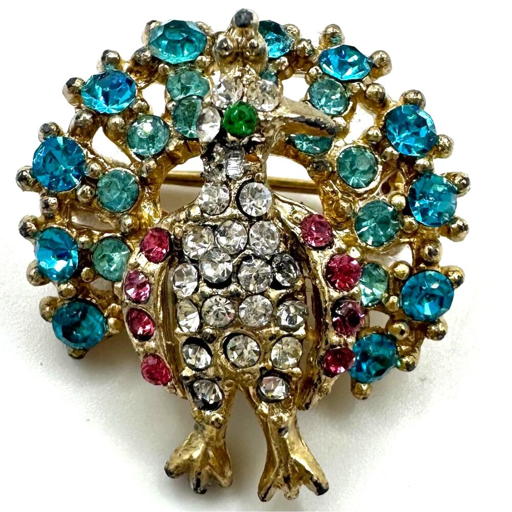 Vintage 1940s gold tone blue pink clear rhinestones turkey bird brooch pin